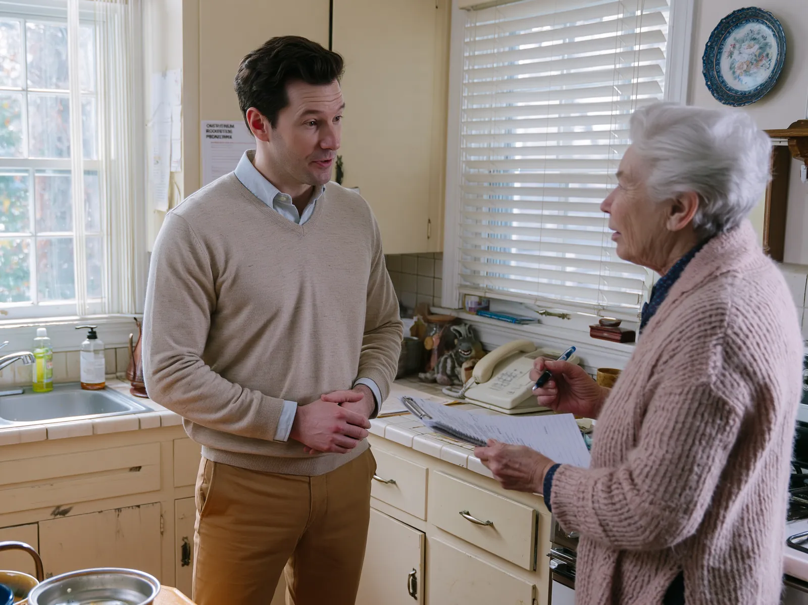 Cash home buyer answering a homeowner's questions during a friendly walkthrough