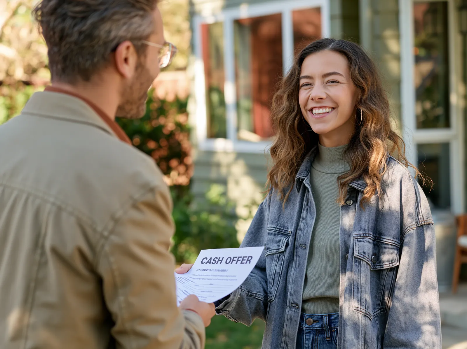 Cash home buyers presenting a written offer to a Seattle homeowner