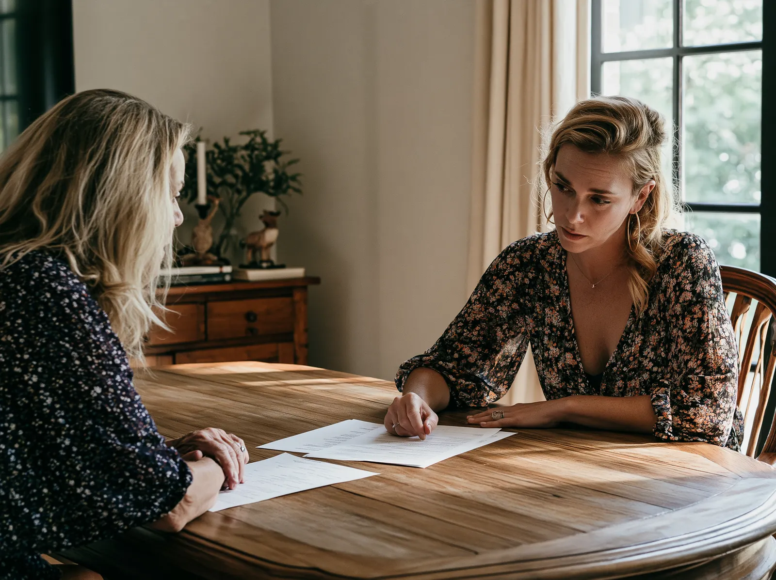 Foreclosure home buyers explaining a fair cash offer at the kitchen table