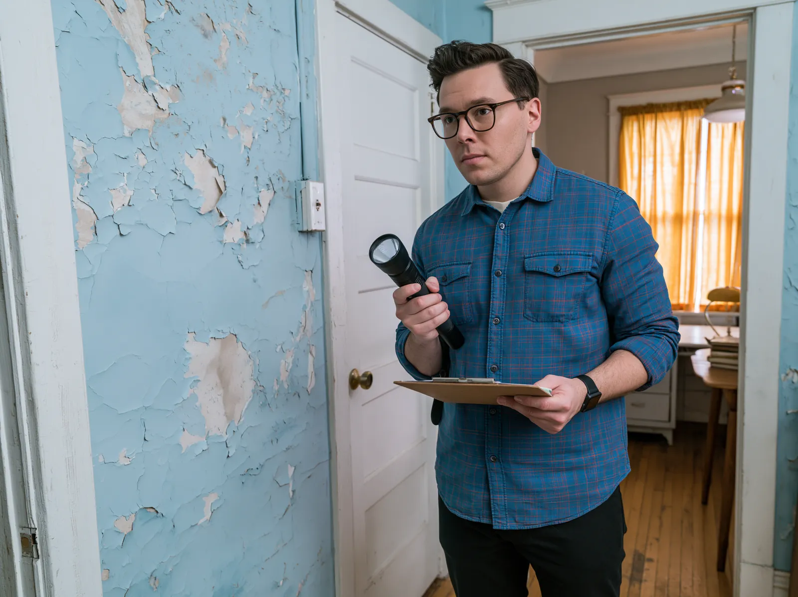 Fixer-upper buyers inspecting a Seattle house that needs repairs