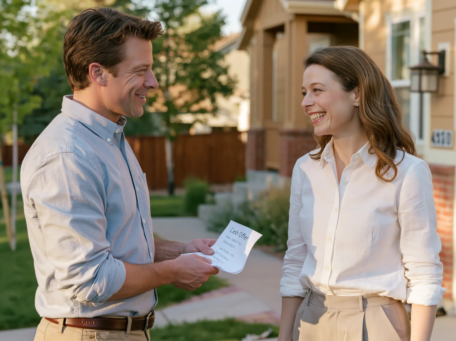 We buy houses company handing a cash offer to a Seattle homeowner