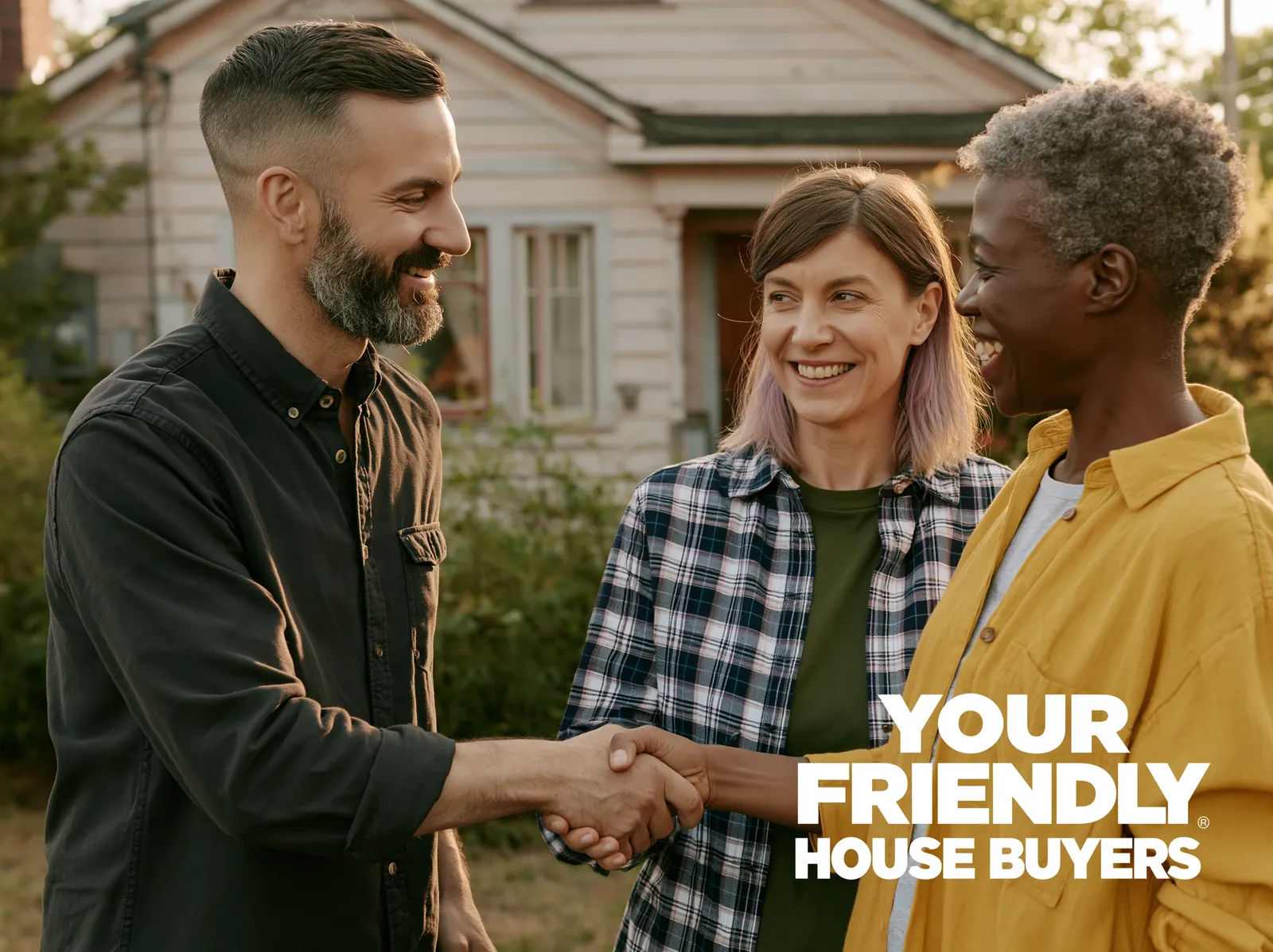 Your Friendly House Buyers โ a friendly cash home buyer greeting homeowners with a handshake
